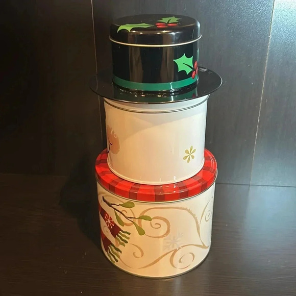 Celebrate it Snowman tin container set xmas light Mistletoe snowflake snow decor - Picture 2 of 9